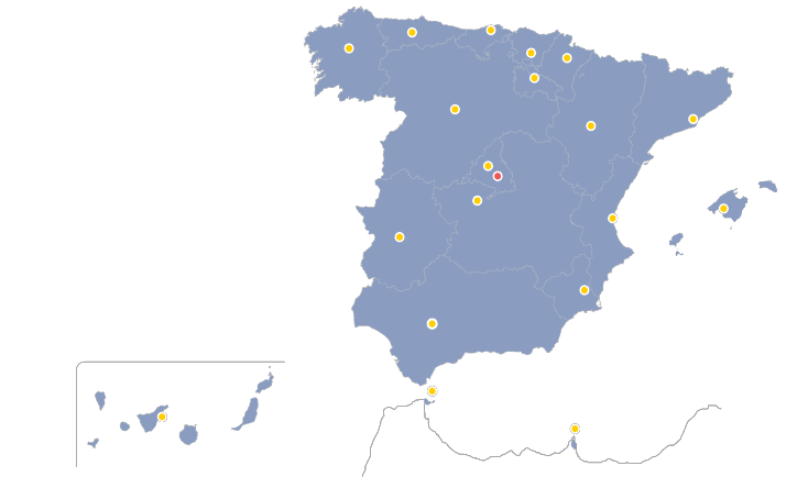 Mapa de España con diferentes puntos que mostran os diferentes centros autonómicos.